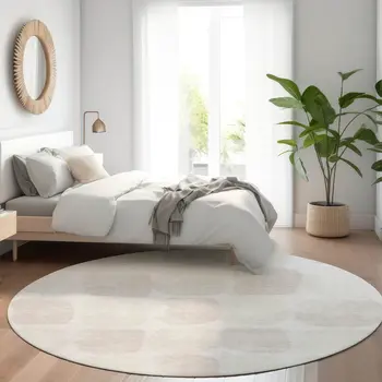 8' Ivory And Beige Round Abstract Washable Indoor Outdoor Area Rug