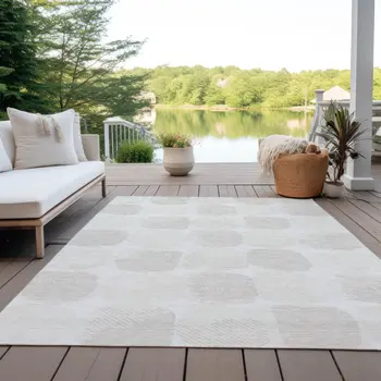 8' X 10' Ivory And Beige Abstract Washable Indoor Outdoor Area Rug
