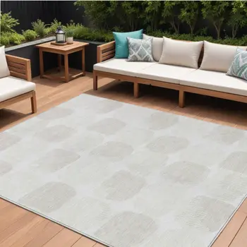 9' X 12' Ivory And Beige Abstract Washable Indoor Outdoor Area Rug