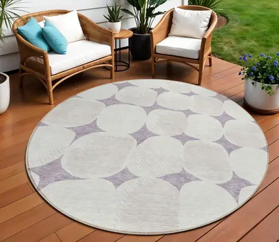 8' Lavender Beige And Ivory Round Abstract Washable Indoor Outdoor Area Rug