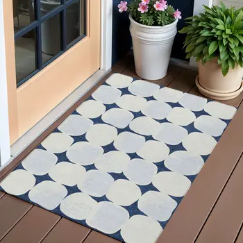 3' X 5' Navy Blue Gray And Ivory Abstract Washable Indoor Outdoor Area Rug