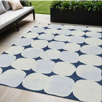 5' X 8' Navy Blue Gray And Ivory Abstract Washable Indoor Outdoor Area Rug