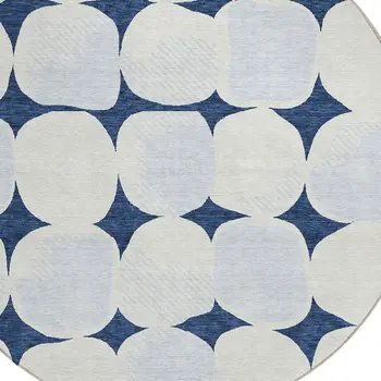 8' Navy Blue Gray And Ivory Round Abstract Washable Indoor Outdoor Area Rug