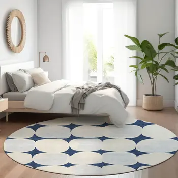 8' Navy Blue Gray And Ivory Round Abstract Washable Indoor Outdoor Area Rug
