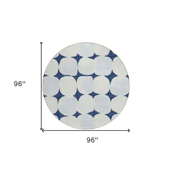 8' Navy Blue Gray And Ivory Round Abstract Washable Indoor Outdoor Area Rug