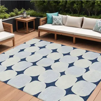 9' X 12' Navy Blue Gray And Ivory Abstract Washable Indoor Outdoor Area Rug