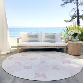 8' Pink And Ivory Round Abstract Washable Indoor Outdoor Area Rug