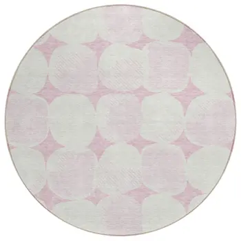 8' Pink And Ivory Round Abstract Washable Indoor Outdoor Area Rug