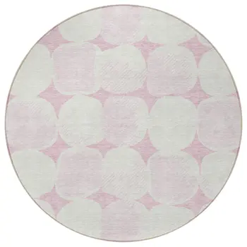 8' Pink And Ivory Round Abstract Washable Indoor Outdoor Area Rug