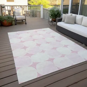 10' X 14' Pink And Ivory Abstract Washable Indoor Outdoor Area Rug