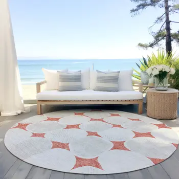 8' Salmon Beige And Ivory Round Abstract Washable Indoor Outdoor Area Rug