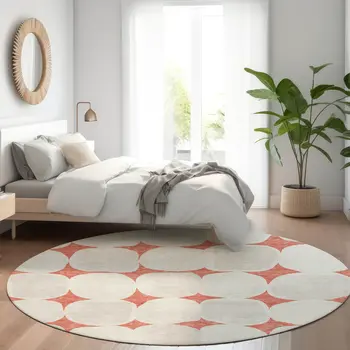 8' Salmon Beige And Ivory Round Abstract Washable Indoor Outdoor Area Rug