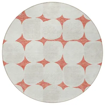 8' Salmon Beige And Ivory Round Abstract Washable Indoor Outdoor Area Rug