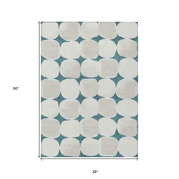 3' X 5' Teal Blue Beige And Ivory Abstract Washable Indoor Outdoor Area Rug