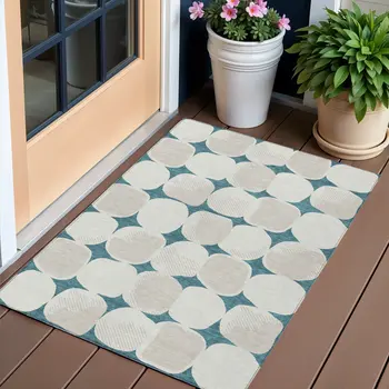 3' X 5' Teal Blue Beige And Ivory Abstract Washable Indoor Outdoor Area Rug