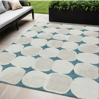 5' X 8' Teal Blue Beige And Ivory Abstract Washable Indoor Outdoor Area Rug