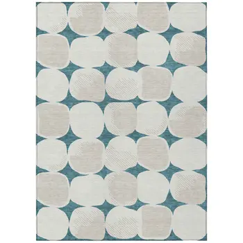 5' X 8' Teal Blue Beige And Ivory Abstract Washable Indoor Outdoor Area Rug