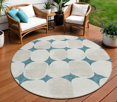 8' Teal Blue Beige And Ivory Round Abstract Washable Indoor Outdoor Area Rug