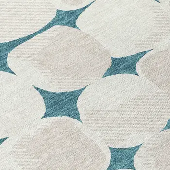 8' Teal Blue Beige And Ivory Round Abstract Washable Indoor Outdoor Area Rug