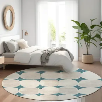 8' Teal Blue Beige And Ivory Round Abstract Washable Indoor Outdoor Area Rug