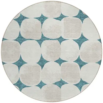 8' Teal Blue Beige And Ivory Round Abstract Washable Indoor Outdoor Area Rug