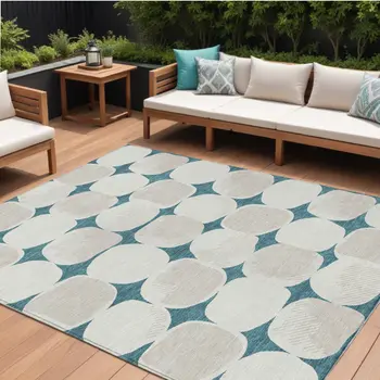 8' X 10' Teal Blue Beige And Ivory Abstract Washable Indoor Outdoor Area Rug