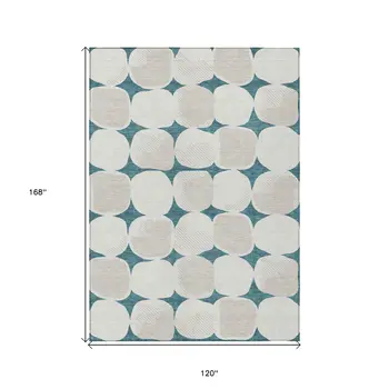 10' X 14' Teal Blue Beige And Ivory Abstract Washable Indoor Outdoor Area Rug