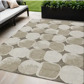 5' X 8' Taupe Beige And Gray Abstract Washable Indoor Outdoor Area Rug