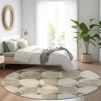 8' Taupe Beige And Gray Round Abstract Washable Indoor Outdoor Area Rug