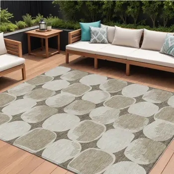 10' X 14' Taupe Beige And Gray Abstract Washable Indoor Outdoor Area Rug