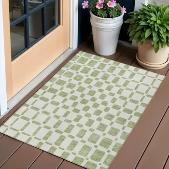 3' X 5' Artichoke Green And Ivory Geometric Washable Indoor Outdoor Area Rug