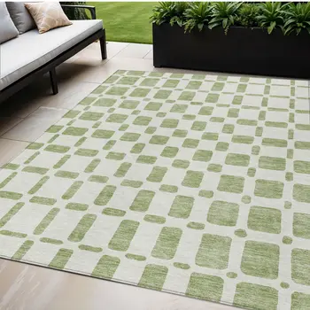 5' X 8' Artichoke Green And Ivory Geometric Washable Indoor Outdoor Area Rug
