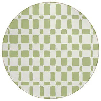 8' Artichoke Green And Ivory Round Geometric Washable Indoor Outdoor Area Rug