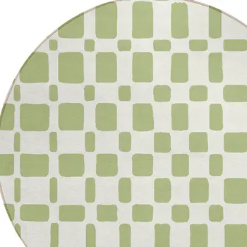 8' Artichoke Green And Ivory Round Geometric Washable Indoor Outdoor Area Rug