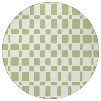 8' Artichoke Green And Ivory Round Geometric Washable Indoor Outdoor Area Rug