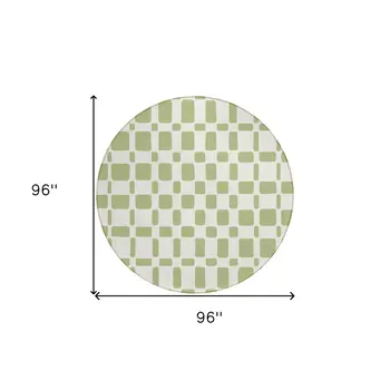 8' Artichoke Green And Ivory Round Geometric Washable Indoor Outdoor Area Rug