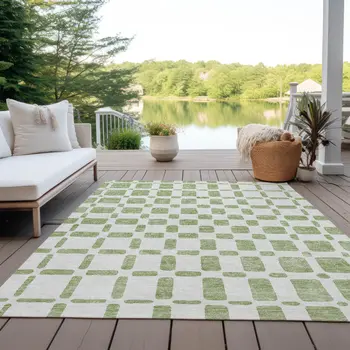 8' X 10' Artichoke Green And Ivory Geometric Washable Indoor Outdoor Area Rug