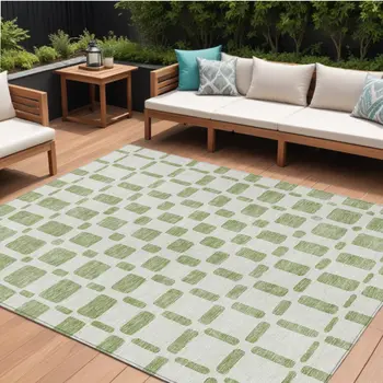 10' X 14' Artichoke Green And Ivory Geometric Washable Indoor Outdoor Area Rug