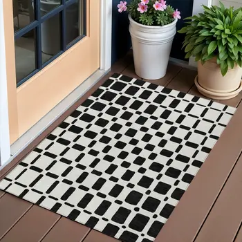3' X 5' Black And Ivory Geometric Washable Indoor Outdoor Area Rug