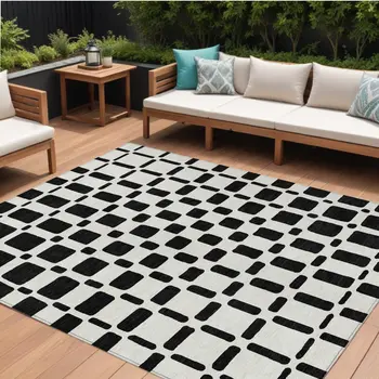 9' X 12' Black And Ivory Geometric Washable Indoor Outdoor Area Rug