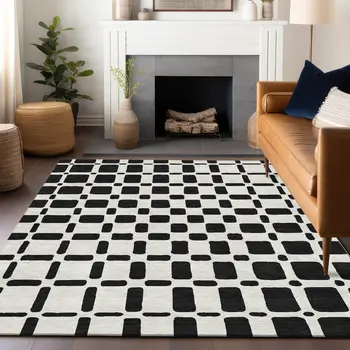 10' X 14' Black And Ivory Geometric Washable Indoor Outdoor Area Rug