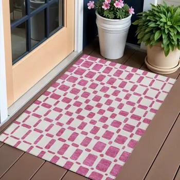 3' X 5' Blush And Ivory Geometric Washable Indoor Outdoor Area Rug