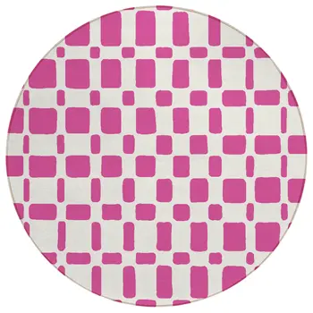 8' Blush And Ivory Round Geometric Washable Indoor Outdoor Area Rug