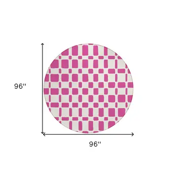 8' Blush And Ivory Round Geometric Washable Indoor Outdoor Area Rug