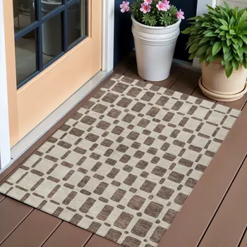 3' X 5' Brown And Beige Geometric Washable Indoor Outdoor Area Rug