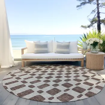 8' Brown And Beige Round Geometric Washable Indoor Outdoor Area Rug