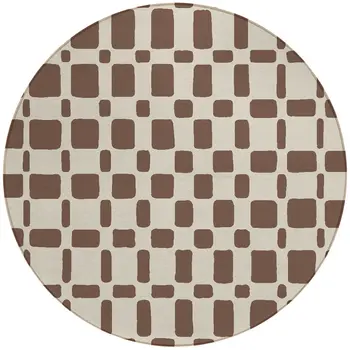 8' Brown And Beige Round Geometric Washable Indoor Outdoor Area Rug