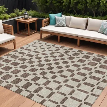 8' X 10' Brown And Beige Geometric Washable Indoor Outdoor Area Rug