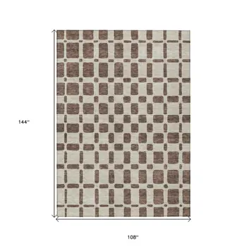 9' X 12' Brown And Beige Geometric Washable Indoor Outdoor Area Rug