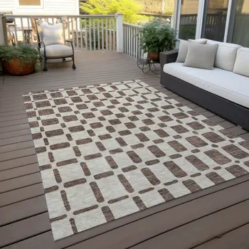 9' X 12' Brown And Beige Geometric Washable Indoor Outdoor Area Rug